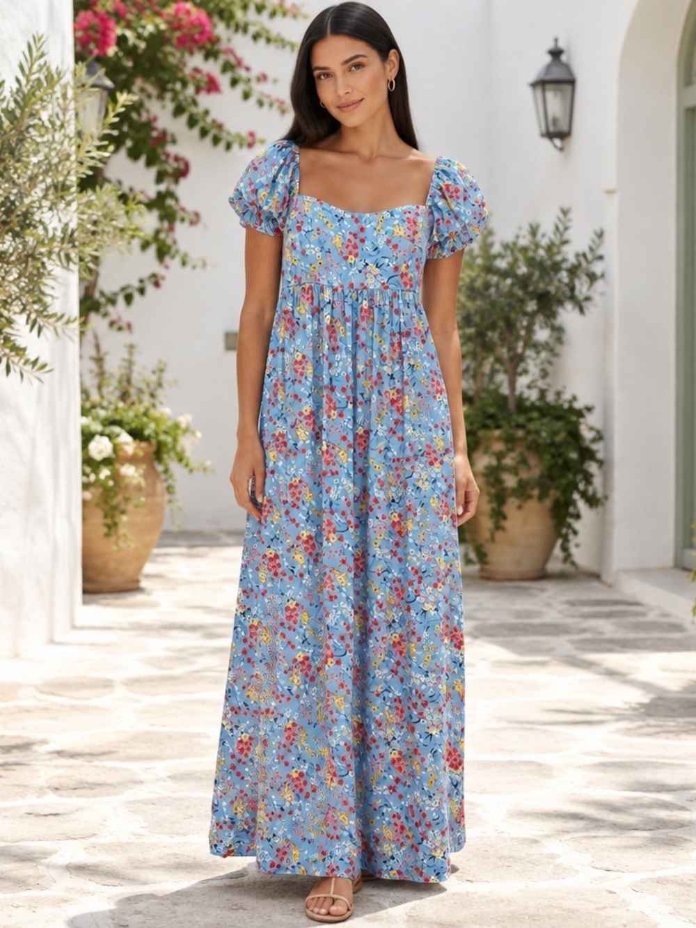 AEMI + CO NWT Blue Floral Puff Sleeve Cutout Maxi Dress Medium